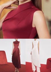Fine Red Asymmetrical Wrinkled Silk Long Dress Sleeveless