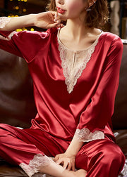 Fine Red O Neck Lace Patchwork Silk Pajamas Two Pieces Set Fall