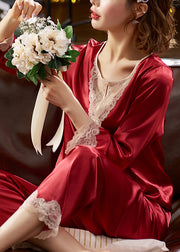 Fine Red O Neck Lace Patchwork Silk Pajamas Two Pieces Set Fall