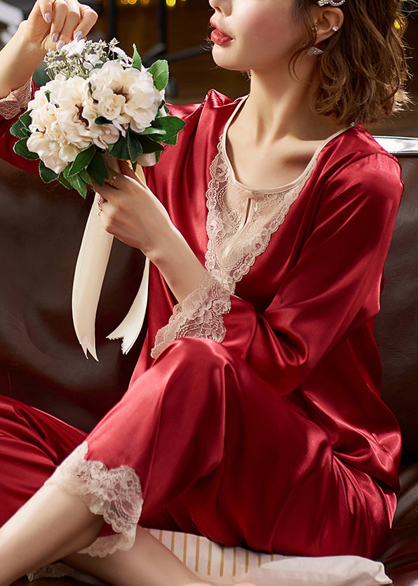 Fine Red O Neck Lace Patchwork Silk Pajamas Two Pieces Set Fall