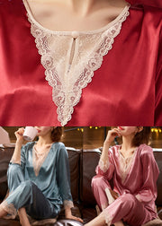 Fine Red O Neck Lace Patchwork Silk Pajamas Two Pieces Set Fall