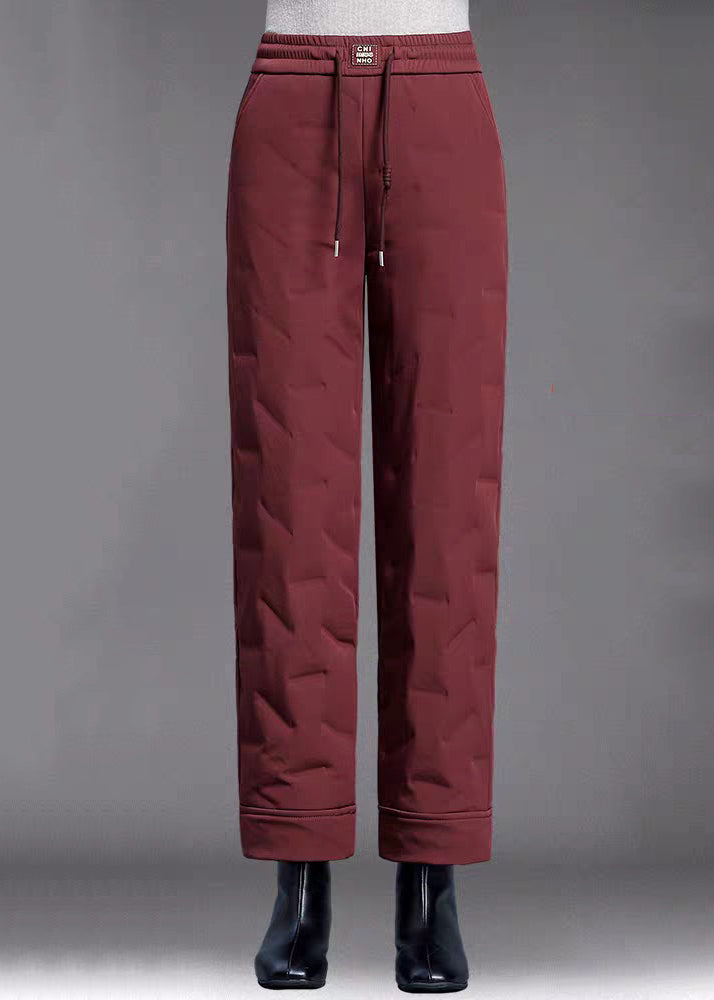 Fine Red Pockets Elastic Waist Duck Down Filled Straight Pants Winter