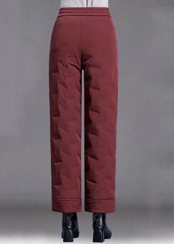 Fine Red Pockets Elastic Waist Duck Down Filled Straight Pants Winter