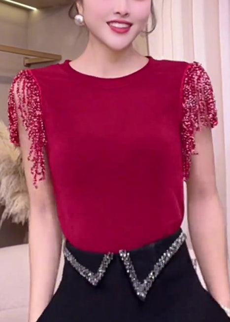 Fine Red Tasseled Patchwork Cotton Tanks Summer