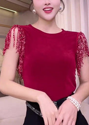 Fine Red Tasseled Patchwork Cotton Tanks Summer