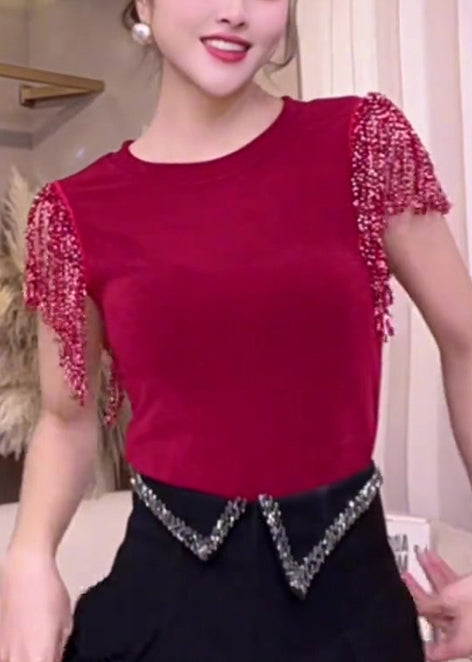 Fine Red Tasseled Patchwork Cotton Tanks Summer