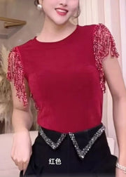 Fine Red Tasseled Patchwork Cotton Tanks Summer