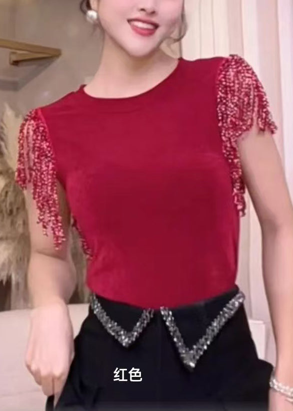 Fine Red Tasseled Patchwork Cotton Tanks Summer