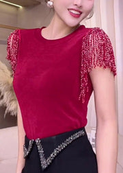 Fine Red Tasseled Patchwork Cotton Tanks Summer