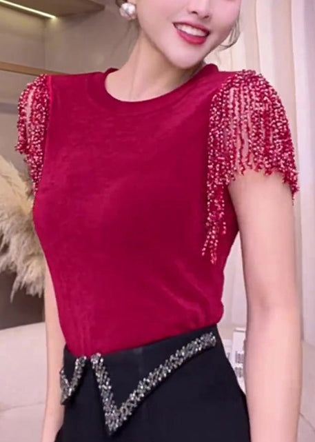 Fine Red Tasseled Patchwork Cotton Tanks Summer