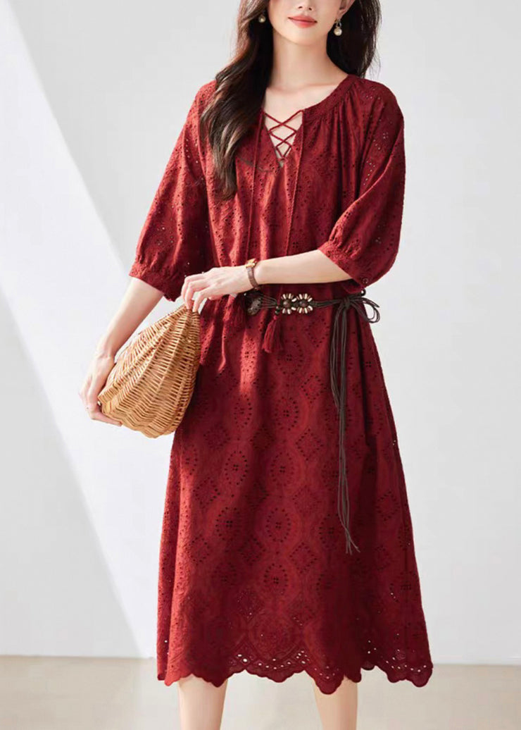 Fine Red V Neck Tie Lace Pockets Maxi Dresses Summer