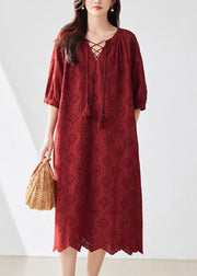 Fine Red V Neck Tie Lace Pockets Maxi Dresses Summer