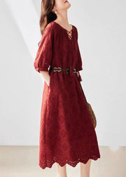 Fine Red V Neck Tie Lace Pockets Maxi Dresses Summer