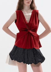 Fine Red V Neck Wrinkled Cotton T Shirts Sleeveless