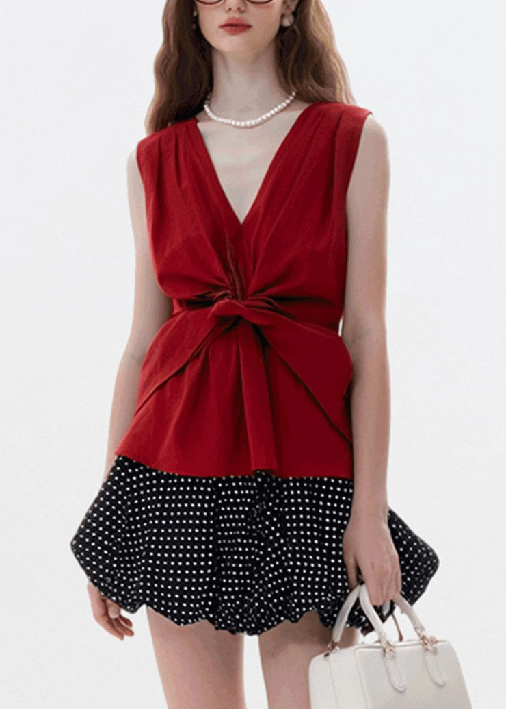 Fine Red V Neck Wrinkled Cotton T Shirts Sleeveless