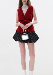 Fine Red V Neck Wrinkled Cotton T Shirts Sleeveless