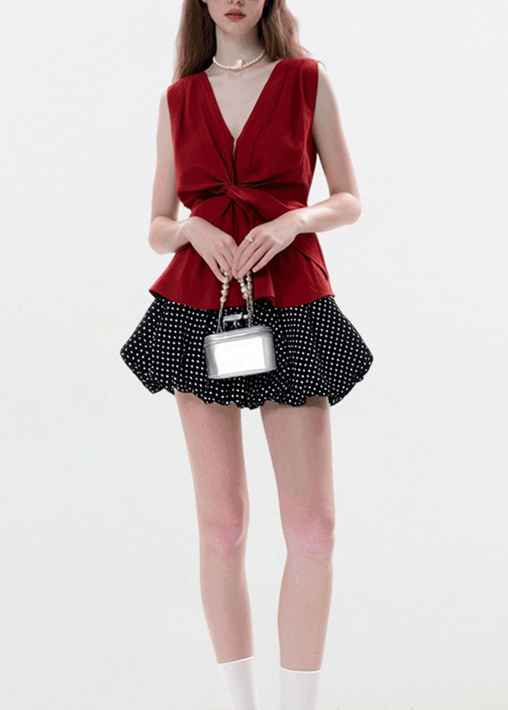 Fine Red V Neck Wrinkled Cotton T Shirts Sleeveless