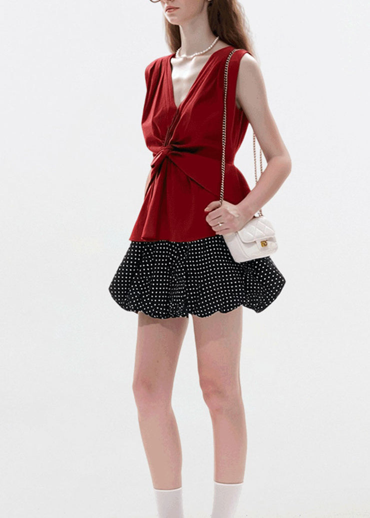Fine Red V Neck Wrinkled Cotton T Shirts Sleeveless