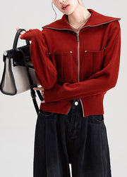 Fine Red Zip Up Peter Pan Collar Knit Cardigans Winter