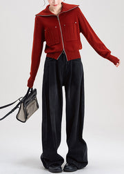 Fine Red Zip Up Peter Pan Collar Knit Cardigans Winter