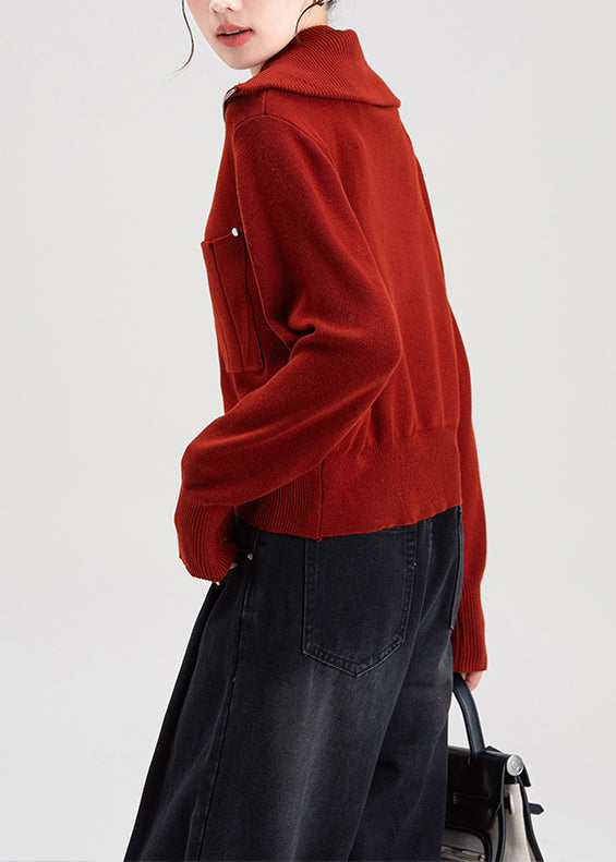 Fine Red Zip Up Peter Pan Collar Knit Cardigans Winter