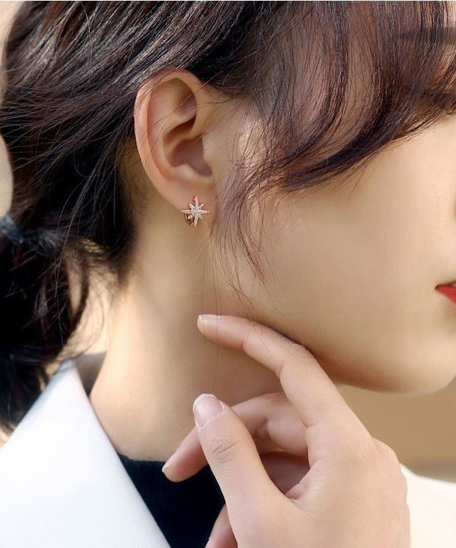Fine Rose Copper Alloy Zircon Eight-Pointed Star Hoop Earrings