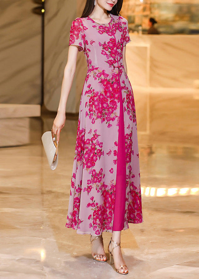 Fine Rose O Neck Print Patchwork Chiffon Dress Summer