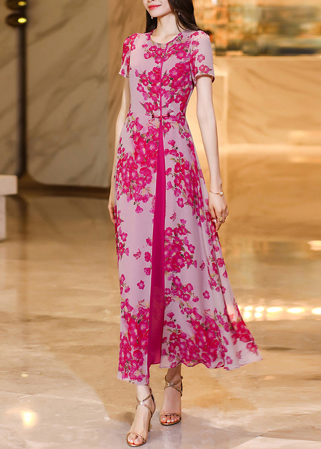 Fine Rose O Neck Print Patchwork Chiffon Dress Summer