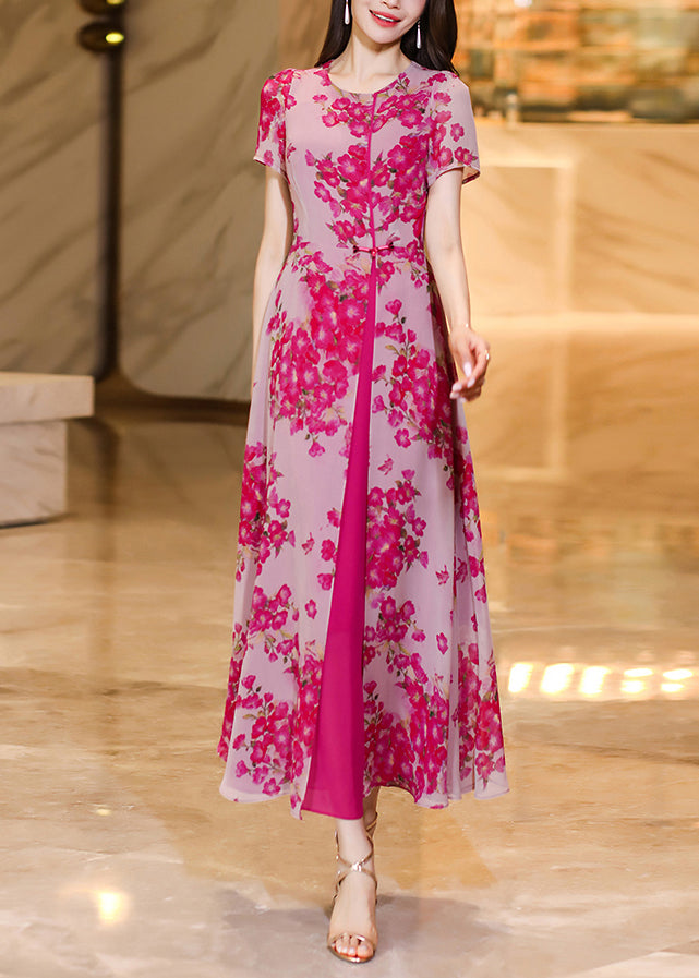 Fine Rose O Neck Print Patchwork Chiffon Dress Summer