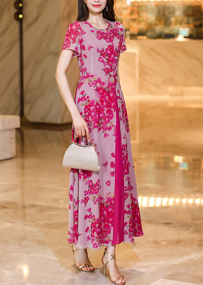 Fine Rose O Neck Print Patchwork Chiffon Dress Summer