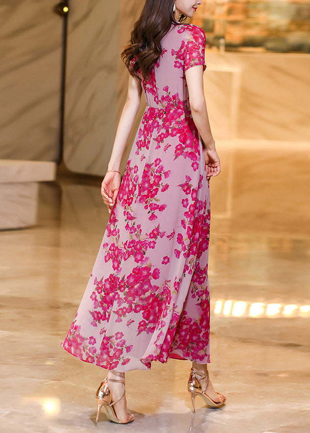 Fine Rose O Neck Print Patchwork Chiffon Dress Summer