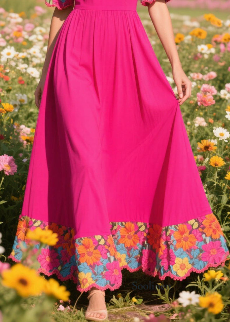 Fine Rose Patchwork Exra Large Hem Cotton Vacation Dresses Summer