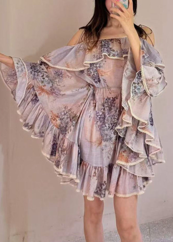 Fine Ruffled Print Cotton Spaghetti Strap Dress Summer