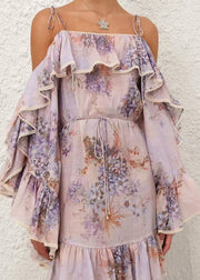 Fine Ruffled Print Cotton Spaghetti Strap Dress Summer