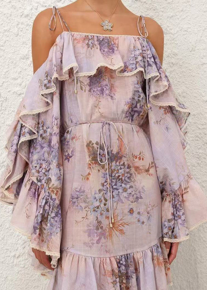 Fine Ruffled Print Cotton Spaghetti Strap Dress Summer