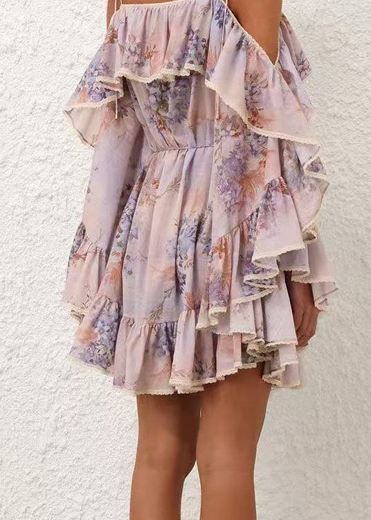 Fine Ruffled Print Cotton Spaghetti Strap Dress Summer