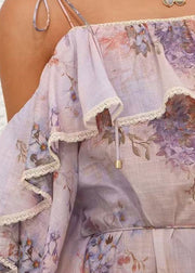Fine Ruffled Print Cotton Spaghetti Strap Dress Summer