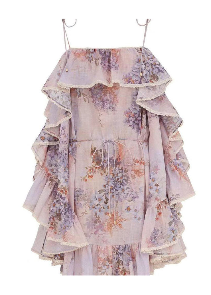 Fine Ruffled Print Cotton Spaghetti Strap Dress Summer