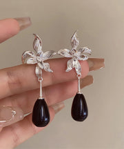 Fine Silk Alloy Resin Floral Water Drop Drop Earrings
