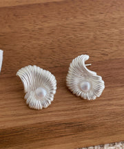 Fine Silk Copper Asymmetrical Fan-Shaped Pearl Stud Earrings