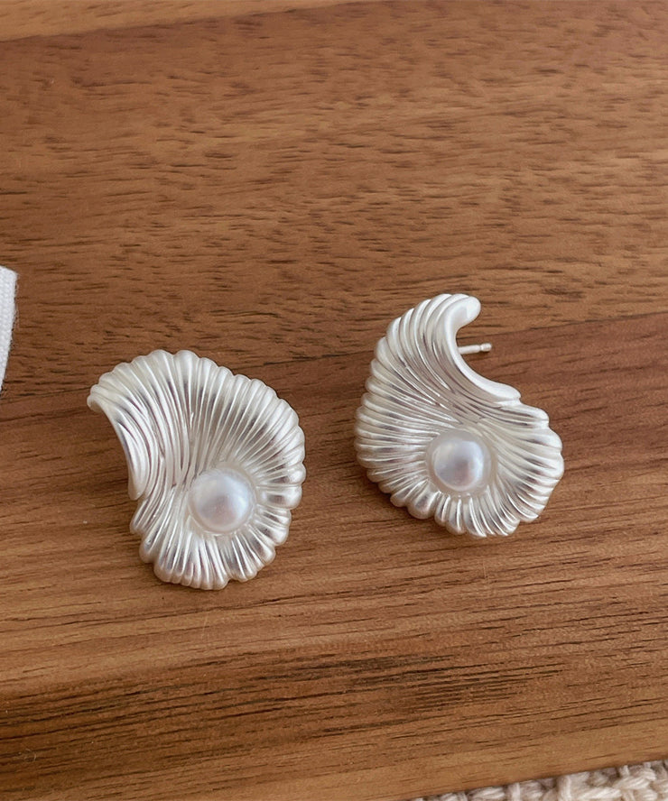 Fine Silk Copper Asymmetrical Fan-Shaped Pearl Stud Earrings