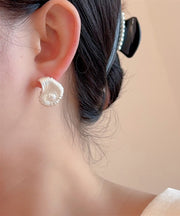 Fine Silk Copper Asymmetrical Fan-Shaped Pearl Stud Earrings
