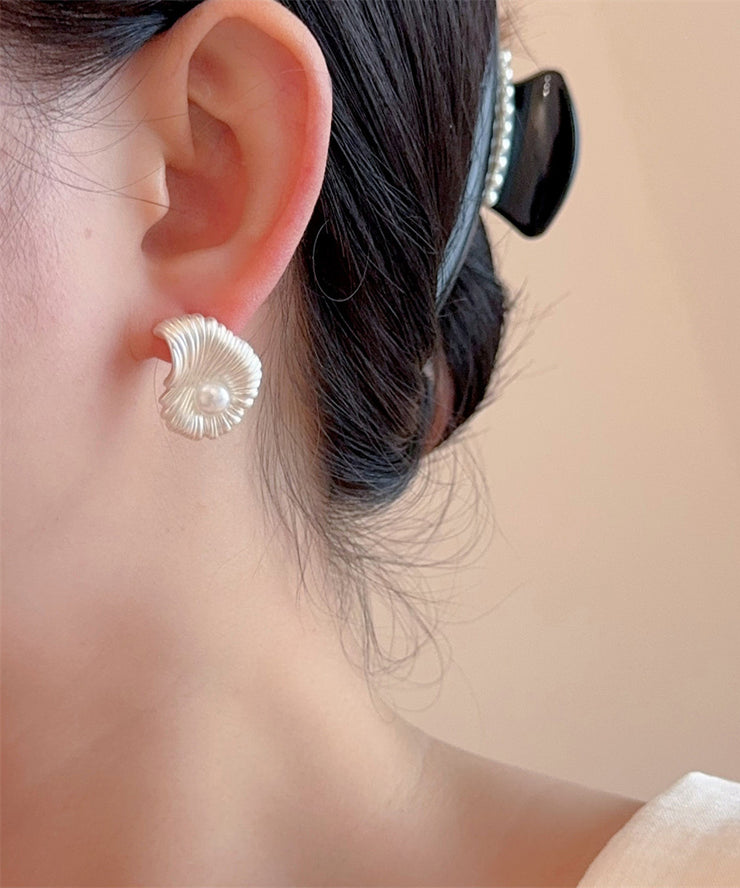 Fine Silk Copper Asymmetrical Fan-Shaped Pearl Stud Earrings