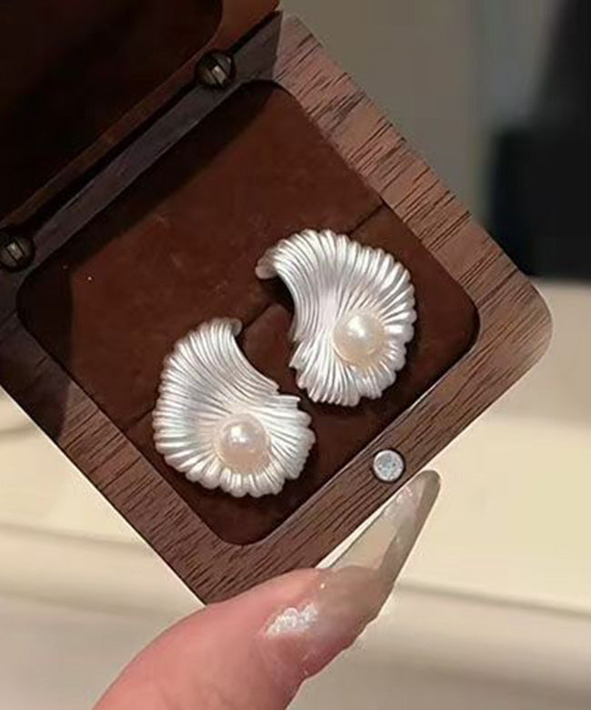Fine Silk Copper Asymmetrical Fan-Shaped Pearl Stud Earrings