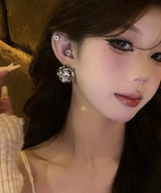 Fine Silk Metal Zircon Rose Stud Earrings