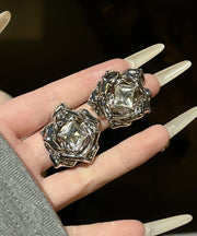 Fine Silk Metal Zircon Rose Stud Earrings