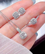 Fine Silk Stainless Steel Zircon Stud Earrings ,Rings And Pendant Necklace Three-Piece Set