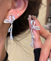 Fine Silk Sterling Silver Bow Ribbon Drop Earrings