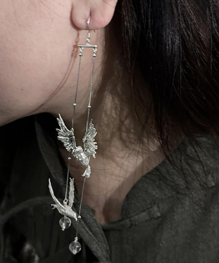 Fine Silk Sterling Silver Little Bird Tassel Drop Earrings