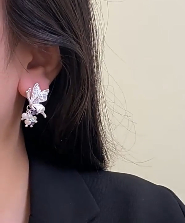 Fine Silk Sterling Silver Pearl Butterfly Tassel Stud Earrings